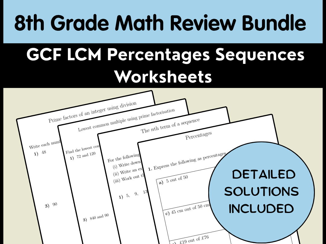 8th Grade Math Review Bundle | GCF LCM Percentages Sequences Worksheets