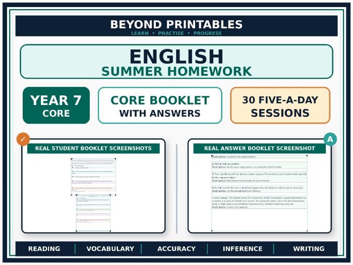 English Summer Homework Booklet Year 7 – Core | 30 Five-a-Day Sessions with Answers