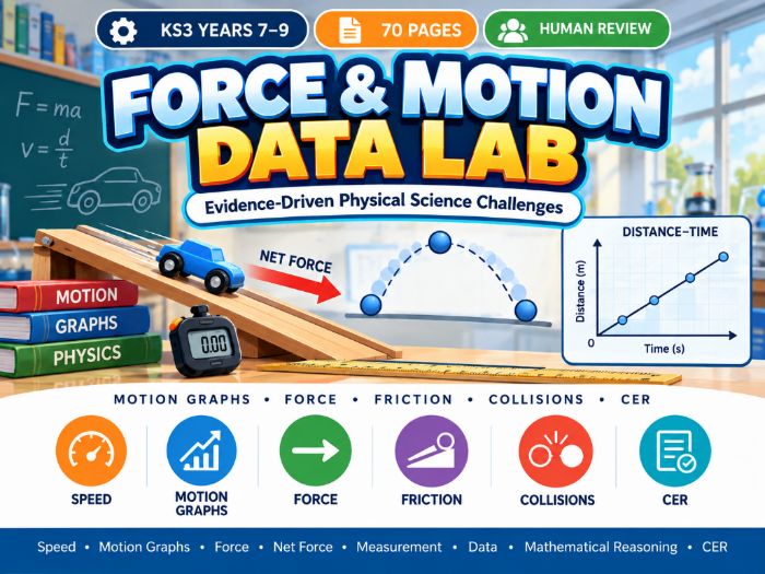 Force & Motion Data Lab – KS3 Physics Worksheets 70 Pages
