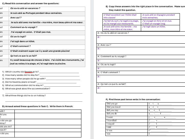 Les vacances (holidays) cover work / independent work (4 pages)