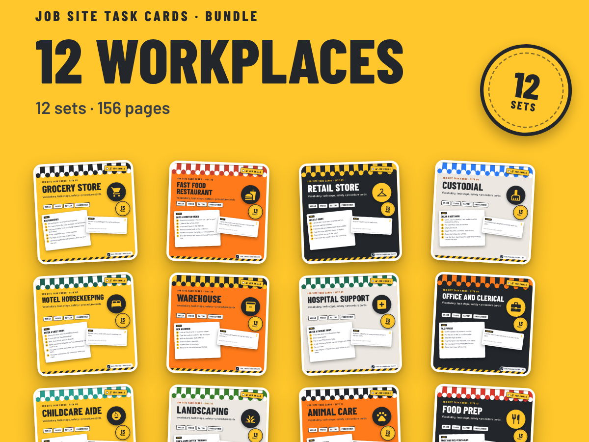Job Skills Task Cards Bundle for SEND Employability (Post-16): 12 Workplaces | SAVE 38%