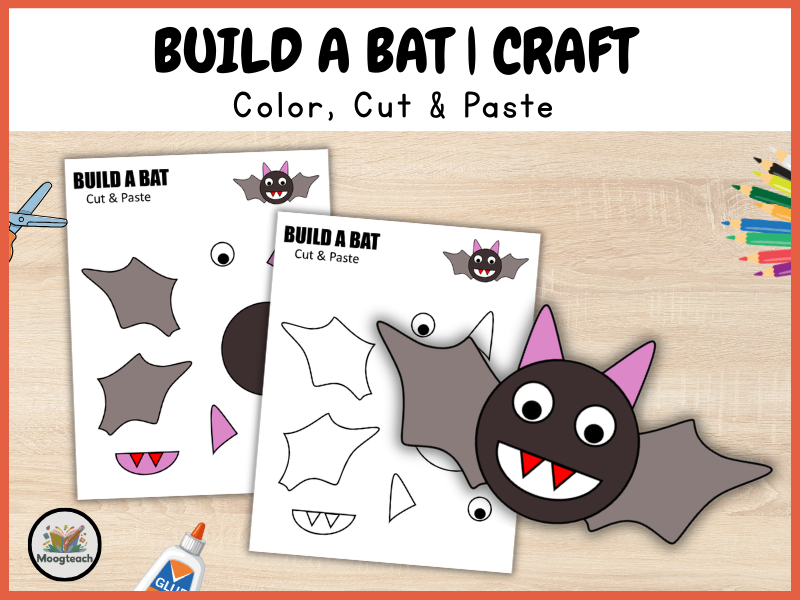 Bat Craft for Kids, Halloween Cut and Paste Activity, Preschool Coloring Worksheet, Spooky Classroom