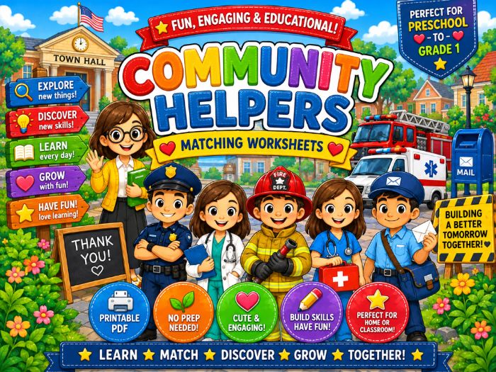 Community Helpers Matching Worksheets |Picture, Words, Numbers, Letters, Shapes & Colors|Preschool-1