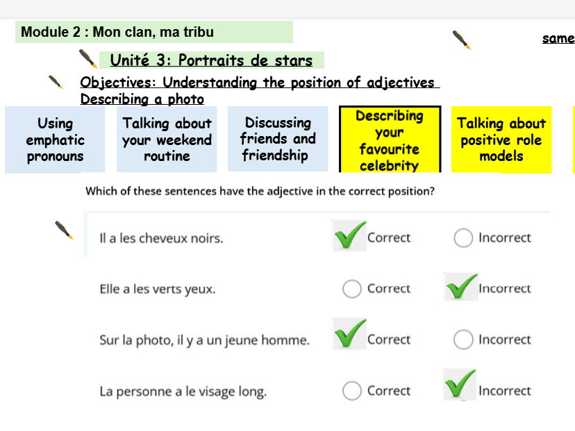 New French AQA Higher GCSE Module 2  Mon clan, ma tribu Unit 3 Portraits de stars
