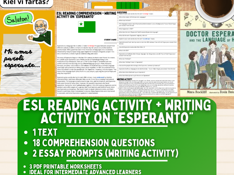 ESL Reading Comprehension + Writing Activity Worksheets on "Esperanto"