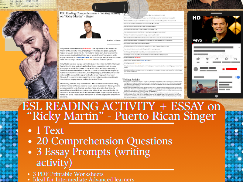 ESL Reading Comprehension + Writing Activity - Ricky Martin - Puerto Rican Pop Singer