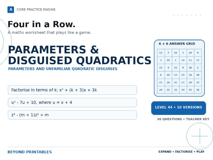 Parameters & Disguised Quadratics Four in a Row : Level 44 | 10 Maths Games