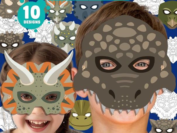 Dinosaur Mask Craft for Kids, Printable Dino Faces, Pre-coloured and Black and White