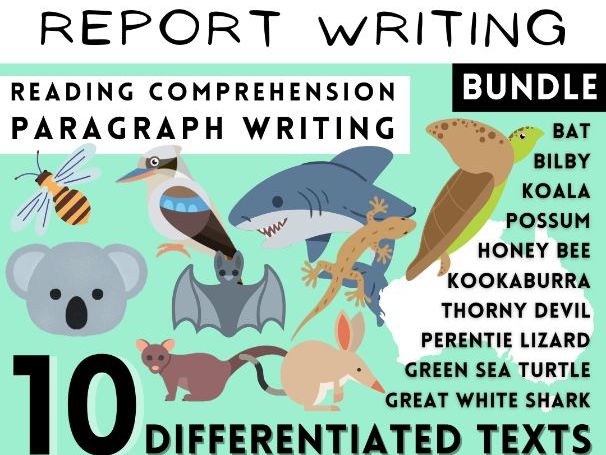 10 Australian Animal Information Texts, Report Writing & Reading Analysis Tasks