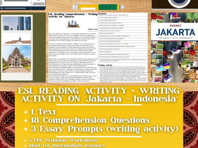 ESL Reading Comprehension + Writing Activity Worksheets on Jakarta - Indonesia
