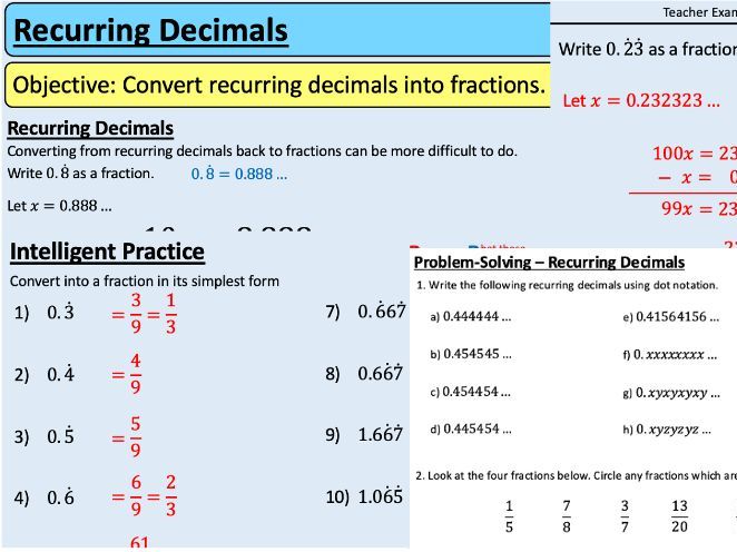 GCSE Maths Number - Recurring Decimals to Fractions Exam Questions (Grade 7-9) + Worked Answers