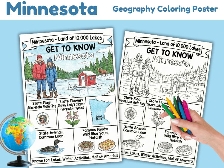 Minnesota Geography Coloring Poster | State Facts & Symbols