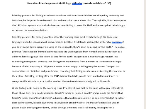 Grade 9 Model Essay Birling Social Class AQA GCSE English