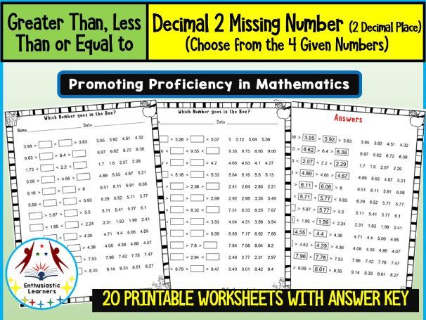 Greater Than, Less Than – Two Decimal Missing Numbers (Choose from 4 Given Numbers, up to 2 Decimal