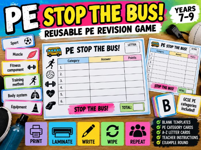 PE Stop the Bus! – Reusable PE Revision Game