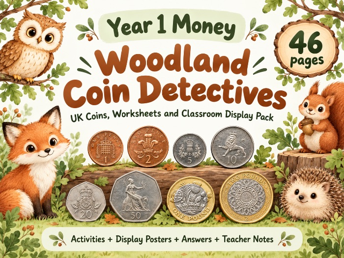 Year 1 Money – Woodland Coin Detectives | UK Coins, Worksheets & Classroom Display Pack | KS1 Maths