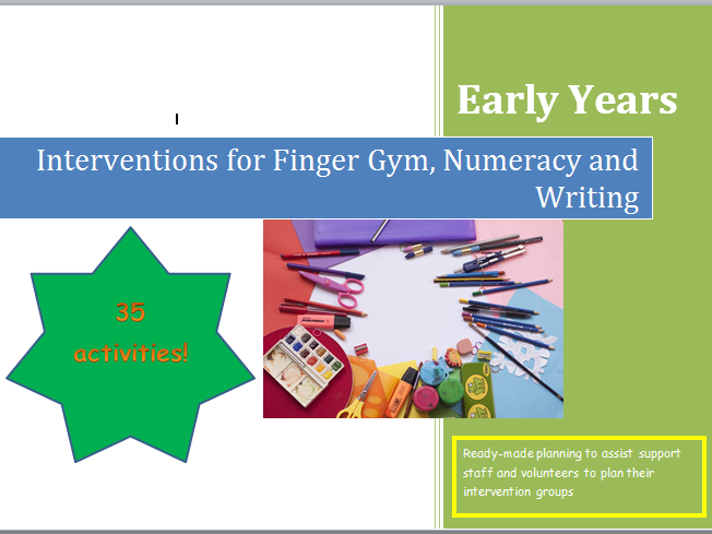 Intervention Planning for Early Years.  Targeted Support for Finger Gym, Numeracy and Writing.