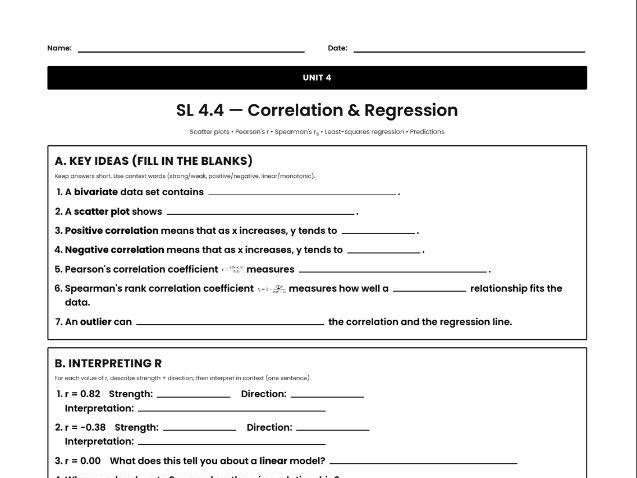 IB Math AI Worksheet SL 4.4 - Correlation & Regression