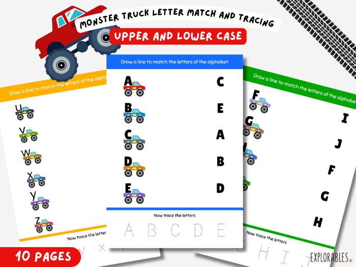 Monster Truck Mini Letter Match Tracing Activity For Children With Upper Case And Lower Case Letters