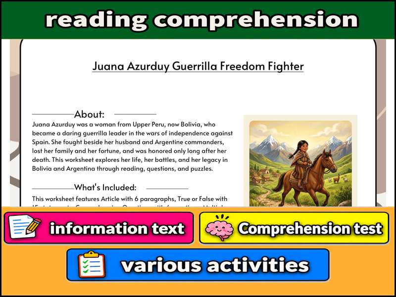 Juana Azurduy Guerrilla Freedom Fighter  & Comprehension Test