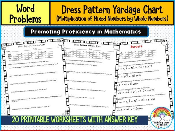 Dress Pattern Yardage Chart Word Problems Worksheets Multiplication of Mixed Numbers by Whole Number