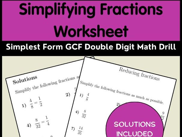 Simplifying Fractions Worksheet | Simplest Form GCF Double Digit Math Drill