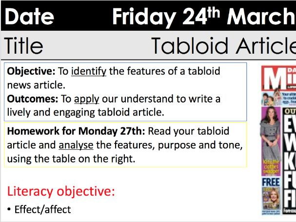 Newspapers tabloid articles KS3 Y9 with homework