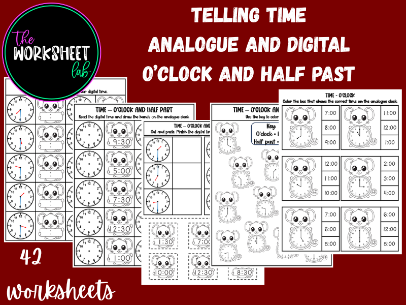Telling Time: Analogue and Digital - O'Clock and Half Past Worksheets