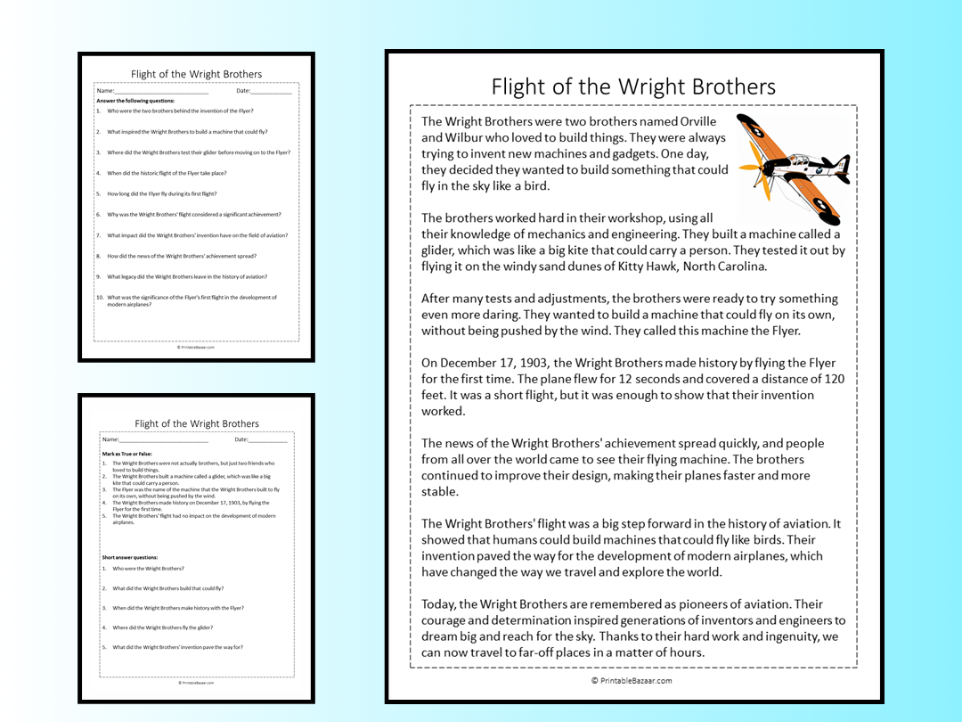 Flight of the Wright Brothers Reading Comprehension Passage Printable Worksheet | Teaching Resources