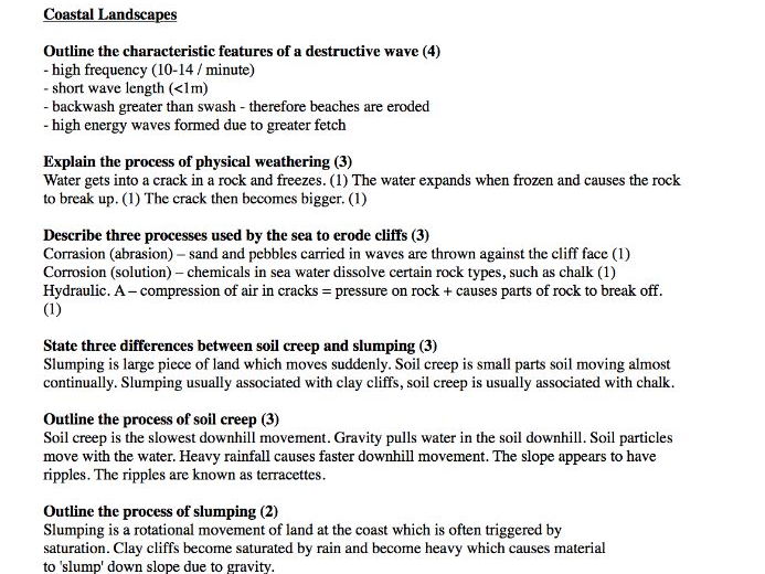 GCSE Geography (physical) - short model answers to exam-style questions by topic