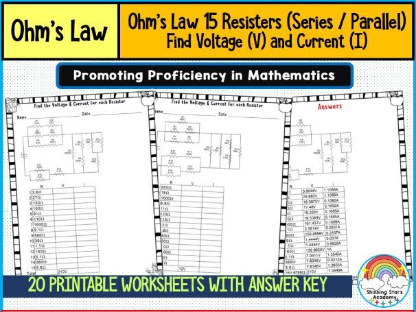 Ohm’s Law – 15 Resistors (Series / Parallel) (Find Voltage (V) and Current (I)) Worksheets | Expert-