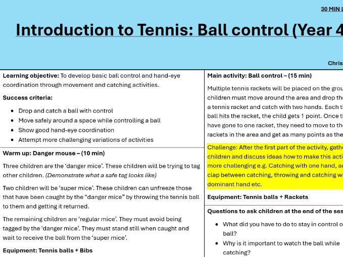 Tennis: Lesson 1 - Ball control (YEAR 2/3/4)