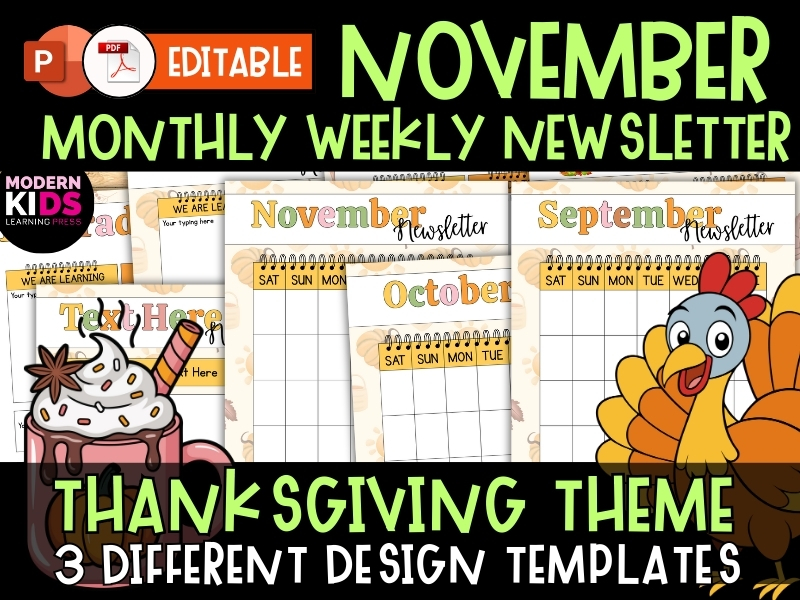 EDITABLE Month & Week November Fall Thanksgiving Day Theme Newsletter Templates