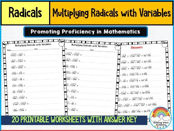 Multiplying Radicals with Variables Worksheets | Algebra Simplification Practice | Printable & Digit