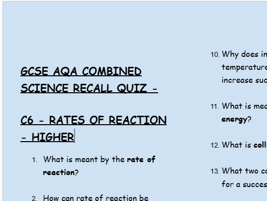 GCSE Chemistry C6 Rates of Reaction – 30 Higher Retrieval Questions | AQA + Answers
