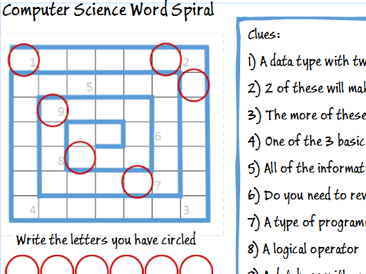 Computer Science Starter Task Word Spiral Puzzle KS3 GCSE A Level 