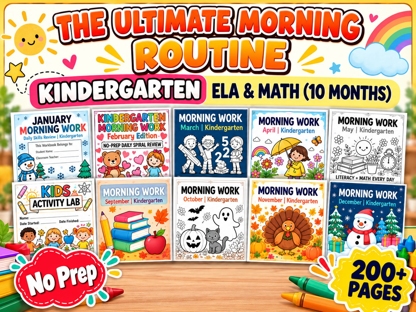 Kindergarten Morning Work Bundle — Year-Long Daily ELA & Math Spiral Review (September to June)