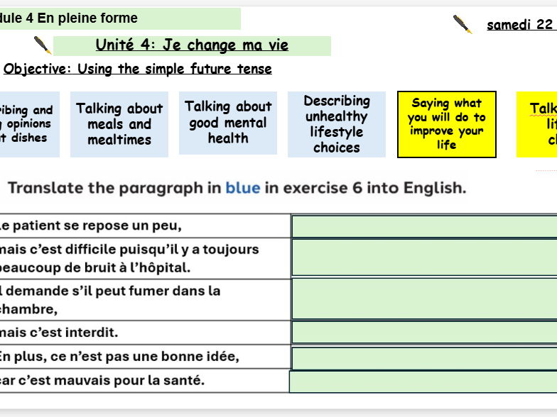 New French AQA Higher GCSE Module 4 En pleine forme Unit 3 Je change de vie