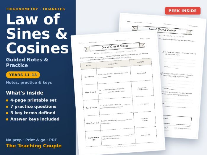 Law of Sines & Cosines Guided Notes & Practice + Answer Keys