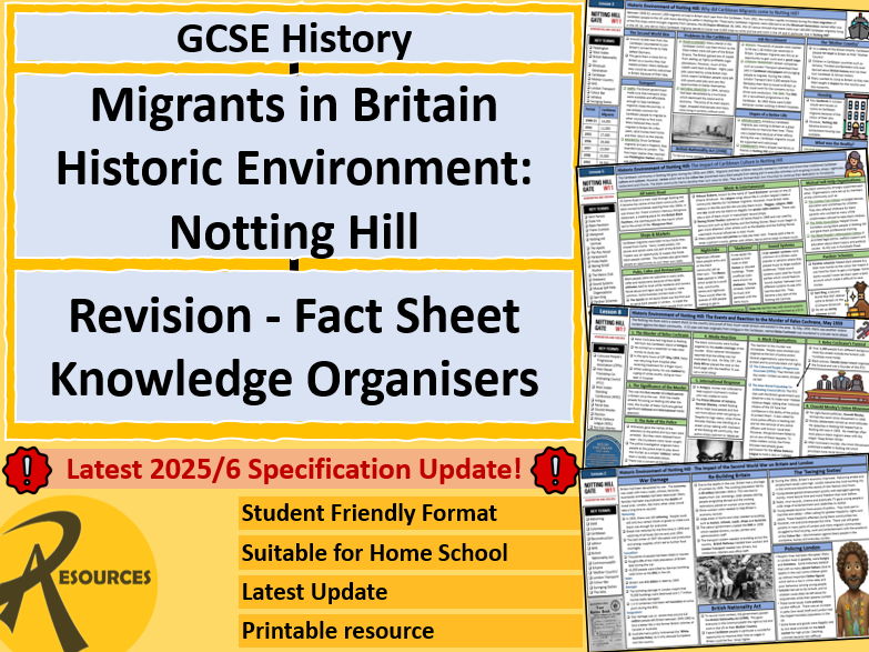GCSE History Edexcel: Migrants in Britain Notting Hill Historical Environment Fact Sheets & Revision