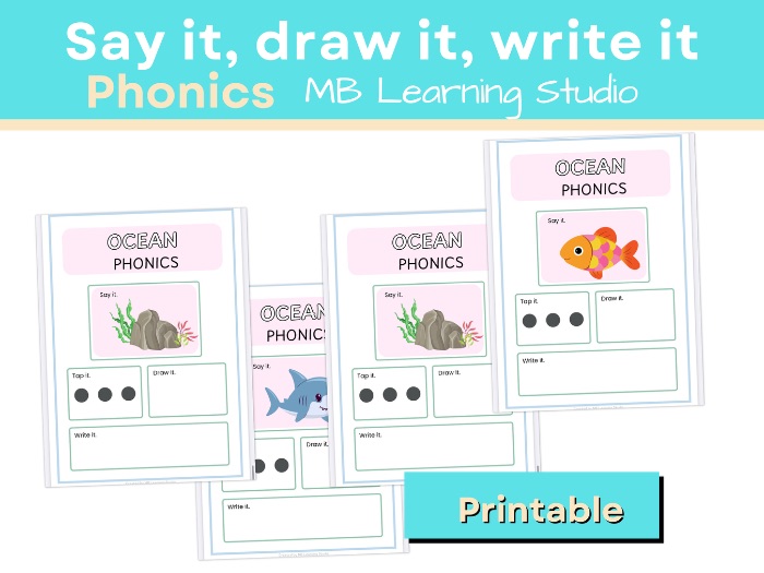 Themed Ocean Say It, Draw It, Write It Worksheet – Vocabulary and Writing Activity for EYFS, KS1