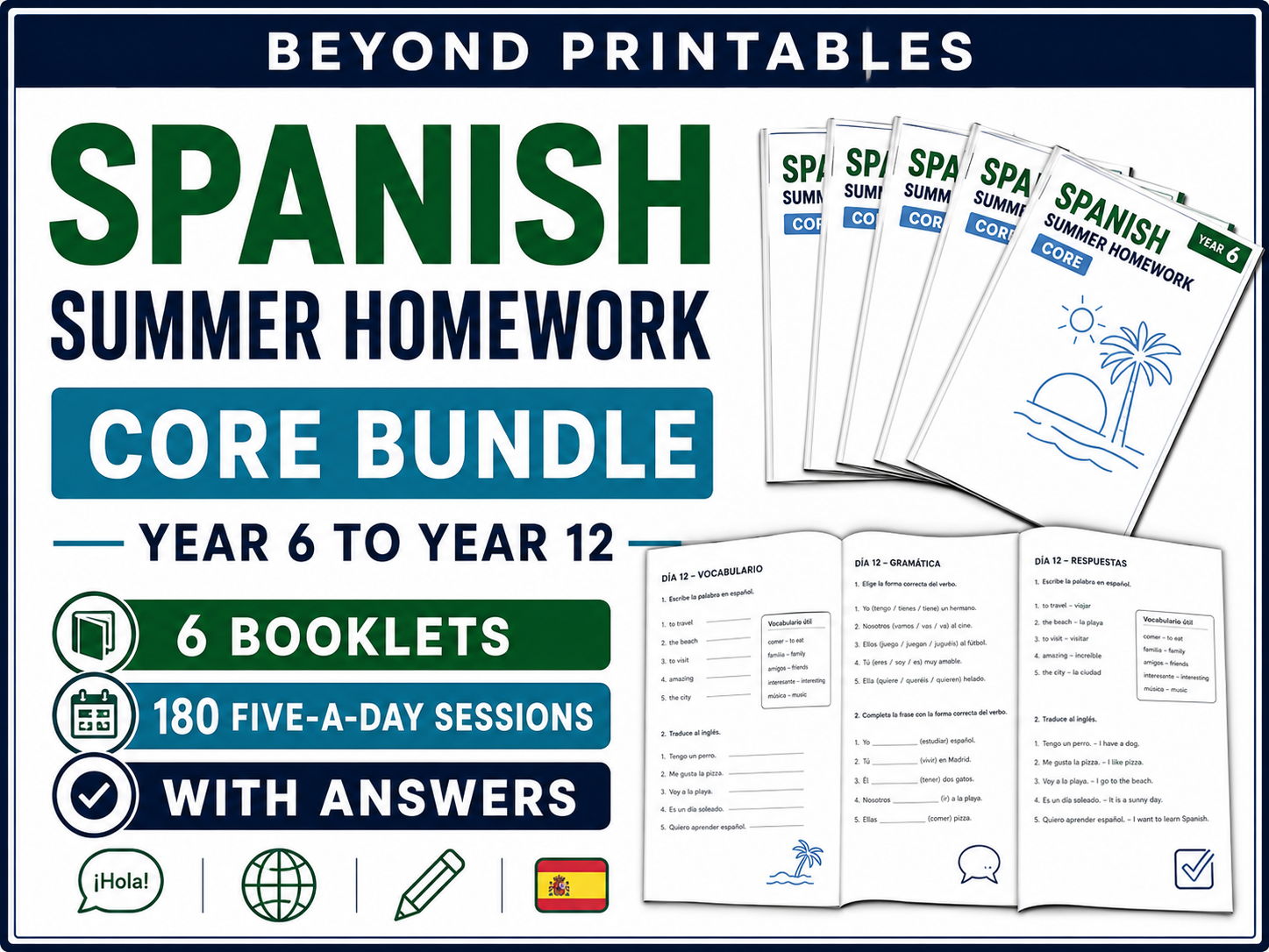 Spanish Summer Homework Core Bundle | Year 6 to Year 12 Transition Booklets with Answers
