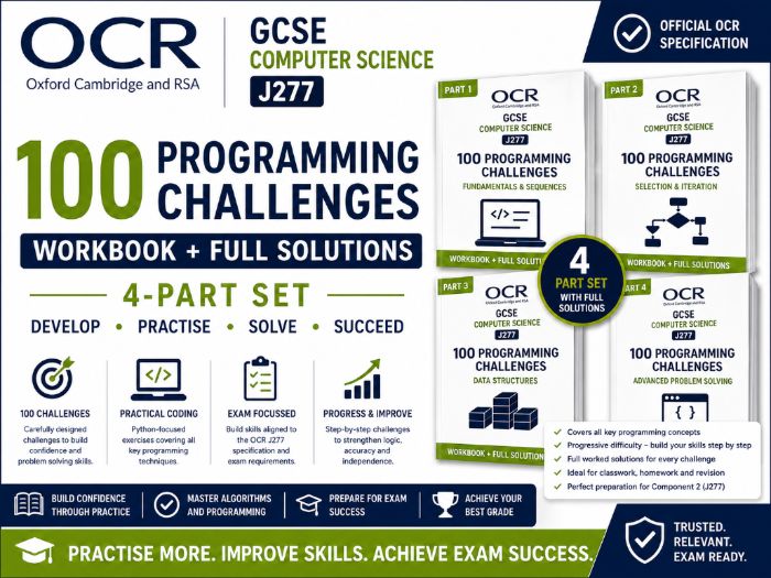 OCR GCSE Computer Science J277 | 100 Programming Challenges Workbook + Full Solutions (4-Part Set)