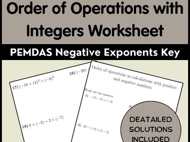 Order of Operations with Integers Worksheet | PEMDAS Negative Exponents Key