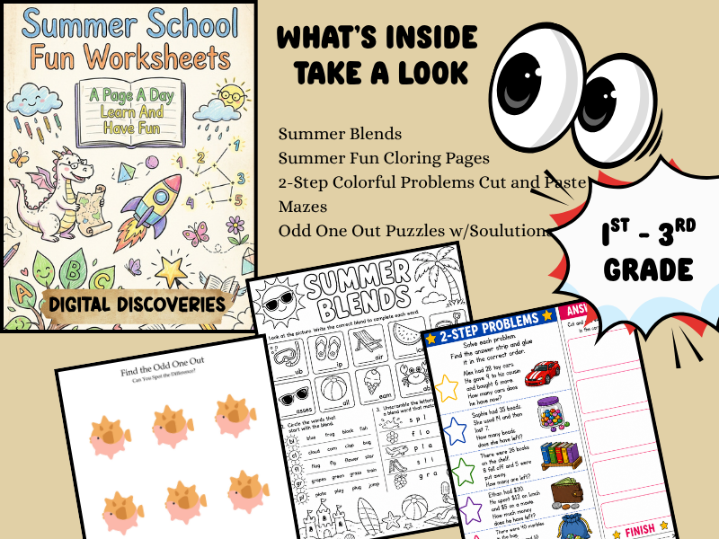 Summer School Fun Worksheets: Summer Learning Activities for Grades K–3 with Math, Phonics, Coloring