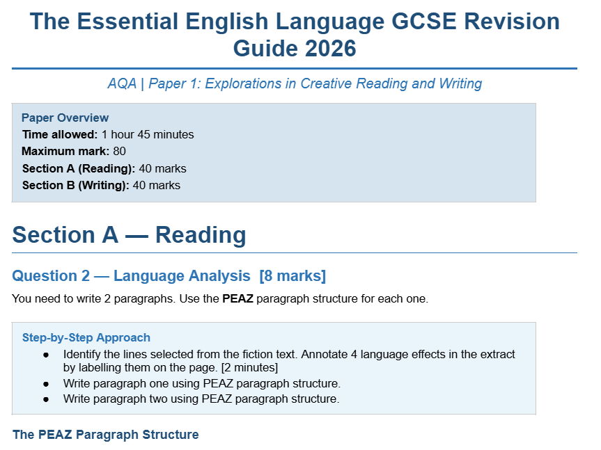 SIMPLIFIED GUIDE - Revise for a PASS - AQA English Language Paper 1 — Grade 5 / Secure Pass Target