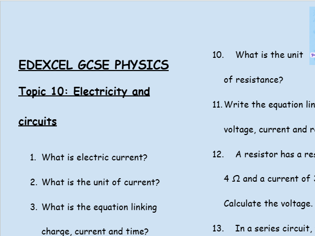 GCSE Edexcel Physics Topic 10: Electricity and Circuits Revision Worksheet