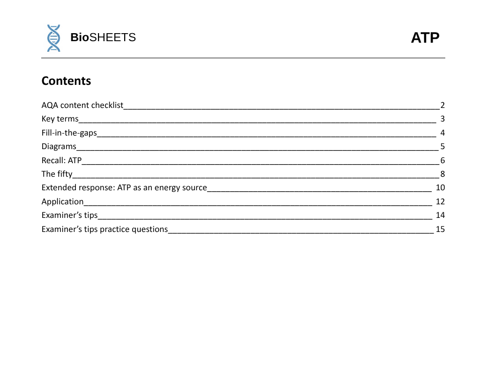 AQA A-Level Biology: 1.6 ATP – BioSHEETS Complete Study & Practice Pack