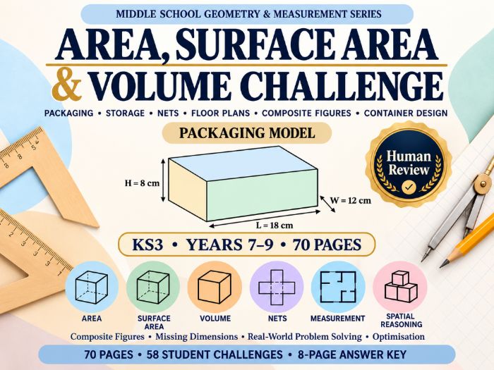 Area, Surface Area & Volume – KS3 Maths – 70 Pages