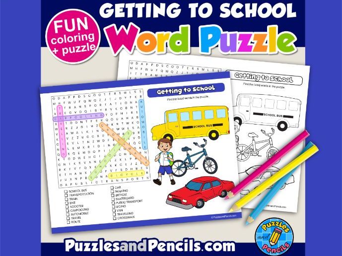 Getting to School Word Search Puzzle Activity and Colouring | Back to School